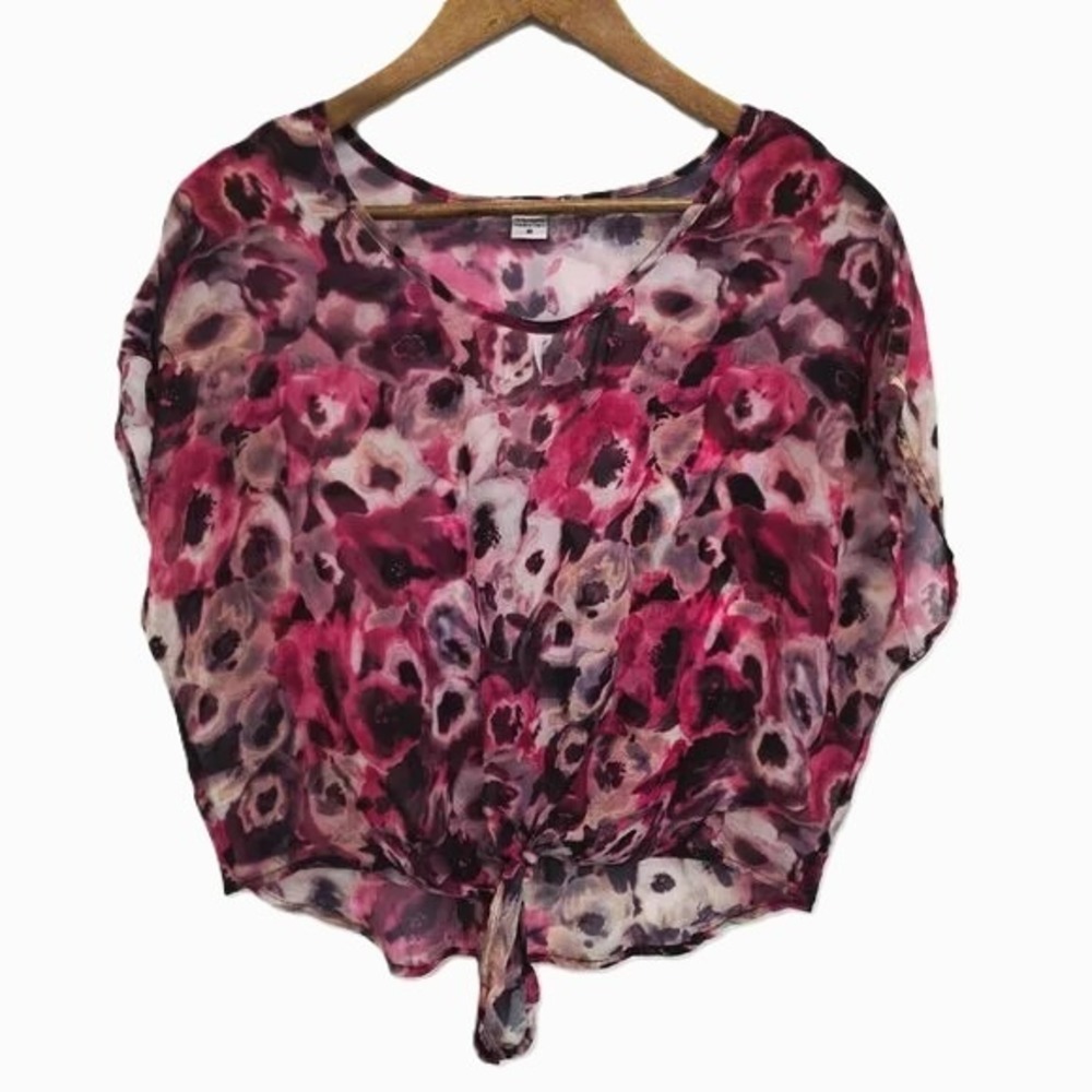 Bar III Womens M Pink Purple Sheer‎ Floral Tie Front Blouse Summer Festival
